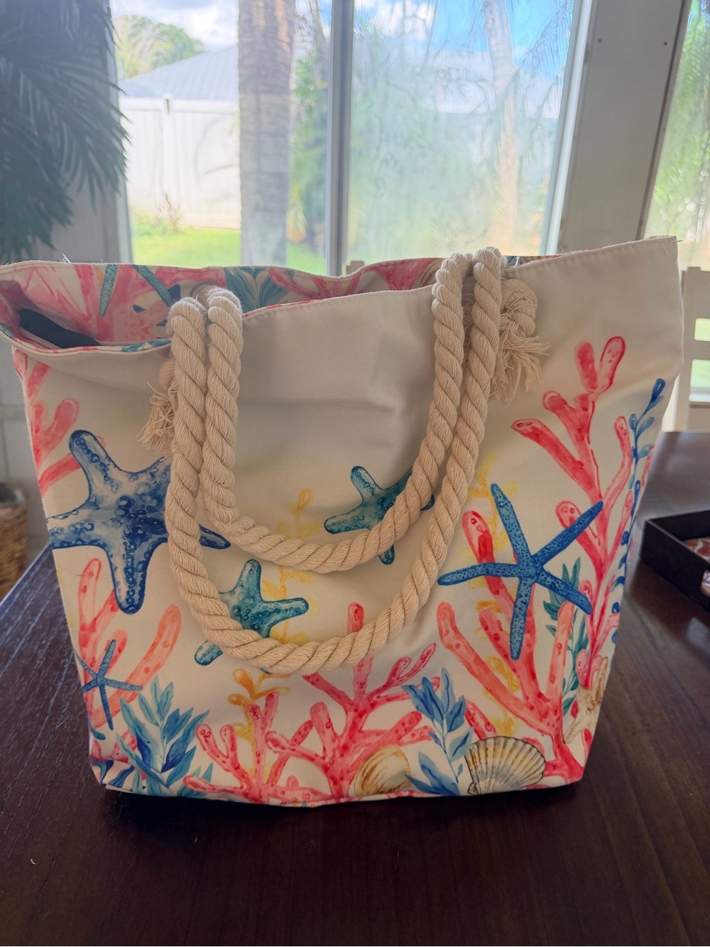 Coastal Starfish Canvas Tote Bag - Cream with Blue & Coral Accents